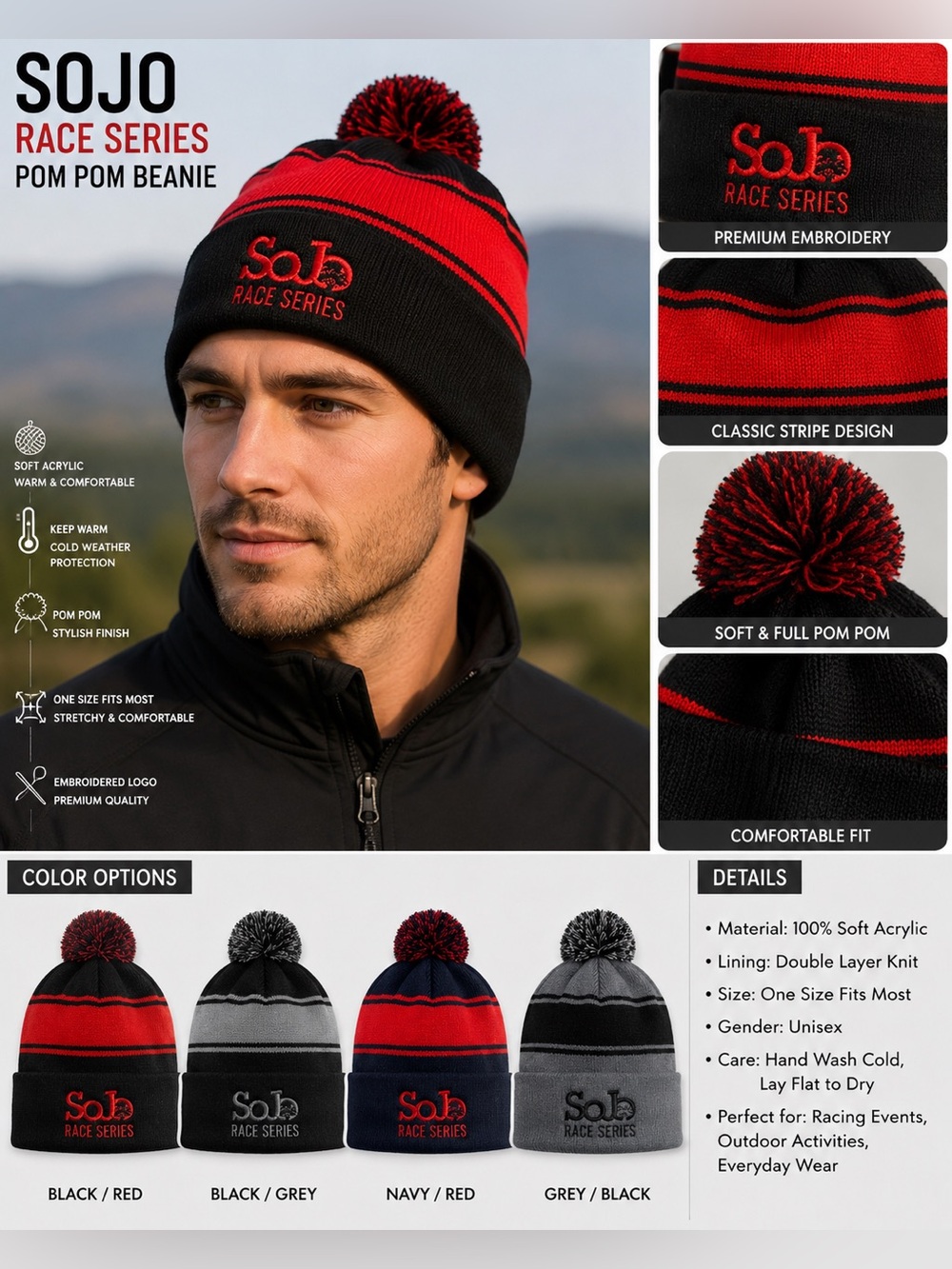 Pom-pom beanie with SoJo RACE SERIES embroidered on the cuff